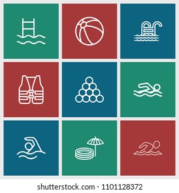 Pool icon. collection of 9 pool outline icons such as beach ball, biliard triangle, swimming man, swimming ladder, swimming. editable pool icons for web and mobile.