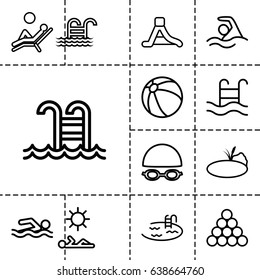Pool icon. set of 13 outline poolicons such as beach ball, pool, waterslide, pond, man laying in sun, man laying in the sun, swimming