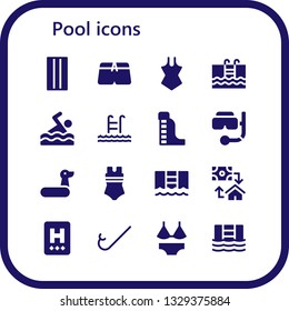 pool icon set. 16 filled pool icons.  Collection Of - Inflatable, Swimsuit, Swimming, Swim, Waterpark, Snorkel, Rubber ring, Pool, Mortgage, Hotel, Swimming