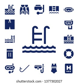 pool icon set. 17 filled pool icons.  Collection Of - Swimming pool, Swimsuit, Swim, Inflatable, Snorkel, Swimming, Lifeguard, Flippers, Diving mask, Hotel