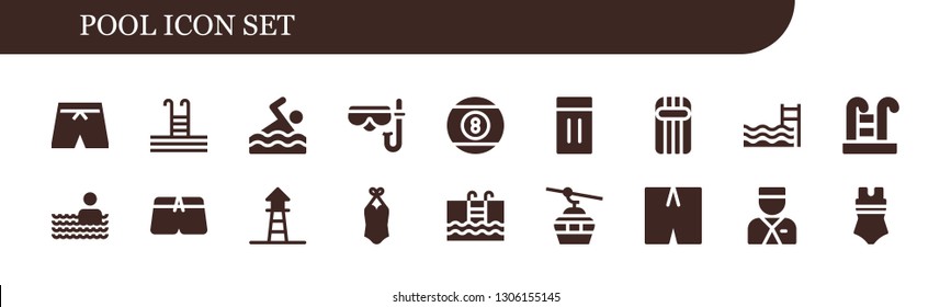 pool icon set. 18 filled pool icons.  Simple modern icons about  - Swimsuit, Swimming pool, Swimming, Diving mask, Billiard, Inflatable, Lifeguard, Cableway, Bellboy