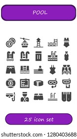  pool icon set. 25 filled pool icons. Simple modern icons about  - Billiards, Cableway, Lifeguard, Swimming pool, Swimsuit, Inflatable, Flippers, Billiard, Pool, Snorkel, Diving mask