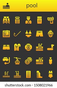 pool icon set. 26 filled pool icons.  Simple modern icons about  - Flippers, Swimming pool, Inflatable, Bellboy, Snorkel, Swimsuit, Spa, Billiard, Rubber ring, Cableway, Billiards