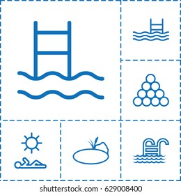 Pool icon. set of 6 pool outline icons such as pond, man laying in sun, swimming ladder