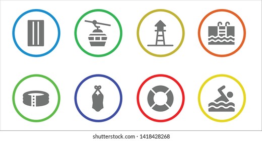 pool icon set. 8 filled pool icons.  Simple modern icons about  - Inflatable, Pool, Cableway, Swimsuit, Lifeguard, Swimming