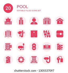 Pool Icon Set. Collection Of 20 Filled Pool Icons Included Hotel, Bellhop, Real Estate, Slide, Diving Mask, Flipper, Inflatable, Pool, Lifeguard, Dive, Key Room