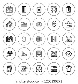 Pool icon set. collection of 25 outline pool icons with bouncy castle, billiard, flippers, float, hotel, inflatable, lifeguard, lounger, polo icons. editable icons.