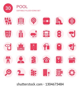 Pool Icon Set. Collection Of 30 Filled Pool Icons Included Flipper, Slide, Hotel, Flippers, Diving Mask, Bouncy Castle, Inflatable, Dive, Key Room, Billiard, Diving, Bellhop, Real Estate