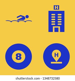 pool icon set with swimming, billiard ball and hotel location vector illustration