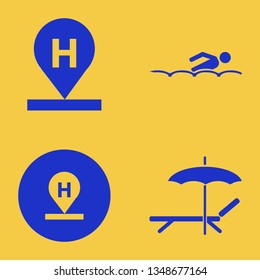 pool icon set with swimming, chaise lounge umbrella and hotel location vector illustration