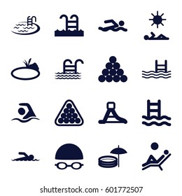 pool icons set. Set of 16 pool filled icons such as billiards, waterslide, pond, swimming, swimmer, man laying in sun, man laying in the sun