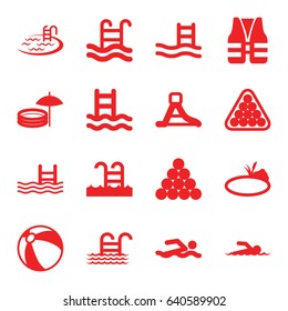 Pool icons set. set of 16 pool filled icons such as beach ball, billiards, waterslide, pond, swimmer, life vest, biliard triangle, swimming man