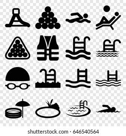 Pool icons set. set of 16 pool filled icons such as billiards, waterslide, pond, swimming hat and glasses, swimmer, man laying in the sun, life vest, biliard triangle
