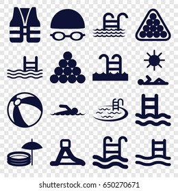 Pool icons set. set of 16 pool filled icons such as beach ball, billiards, waterslide, swimming hat and glasses, swimmer, man laying in sun, life vest, biliard triangle