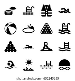 Pool icons set. set of 16 pool filled icons such as beach ball, billiards, waterslide, pond, swimming, swimmer, man laying in sun, life vest