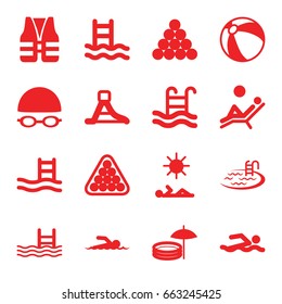 Pool icons set. set of 16 pool filled icons such as beach ball, billiards, waterslide, swimming hat and glasses, swimmer, man laying in sun, man laying in the sun, life vest
