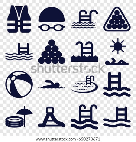 Pool icons set. set of 16 pool filled icons such as beach ball, billiards, waterslide, swimming hat and glasses, swimmer, man laying in sun, life vest, biliard triangle