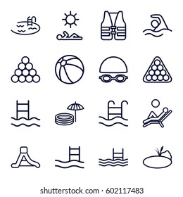 pool icons set. Set of 16 pool outline icons such as beach ball, billiards, waterslide, pond, man laying in sun, man laying in the sun, life vest, swimming