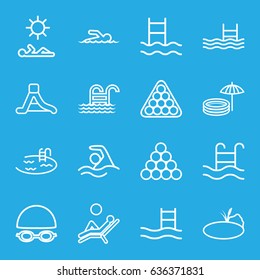 Pool icons set. set of 16 pool outline icons such as billiards, waterslide, pond, swimmer, man laying in sun, man laying in the sun, swimming