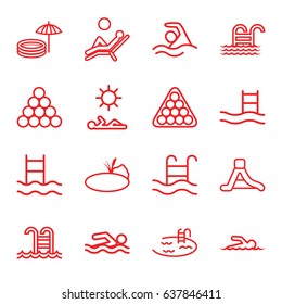Pool icons set. set of 16 pool outline icons such as billiards, waterslide, pond, swimmer, man laying in sun, man laying in the sun, swimming