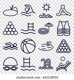 Pool icons set. set of 16 pool outline icons such as beach ball, billiards, waterslide, pond, man laying in sun, man laying in the sun, life vest, swimming