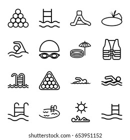 Pool icons set. set of 16 pool outline icons such as billiards, waterslide, pond, swimmer, man laying in sun, life vest, swimming