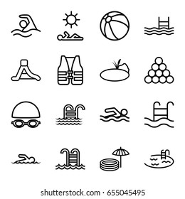 Pool icons set. set of 16 pool outline icons such as beach ball, waterslide, pond, swimmer, man laying in sun, life vest, swimming