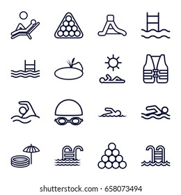 Pool icons set. set of 16 pool outline icons such as billiards, waterslide, pond, swimmer, man laying in sun, man laying in the sun, life vest, swimming