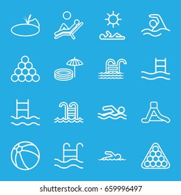 Pool icons set. set of 16 pool outline icons such as beach ball, billiards, waterslide, pond, swimmer, man laying in sun, man laying in the sun, swimming