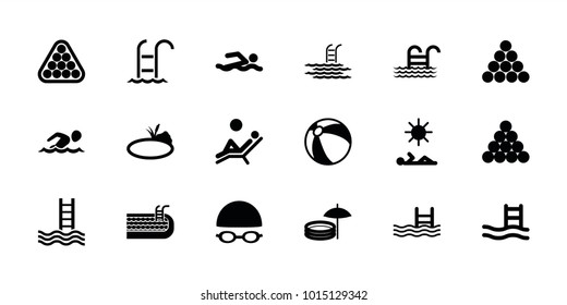 Pool icons. set of 18 editable filled pool icons: beach ball, biliard triangle, swimming man, pond, swimming hat and glasses, man laying in sun, man laying in the sun