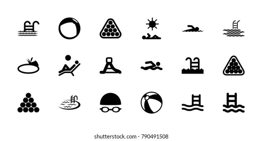 Pool icons. set of 18 editable filled pool icons: beach ball, billiards, swimming man, swimming ladder, waterslide, pond, swimmer, man laying in sun, man laying in the sun