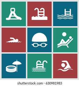 Pool icons set. set of 9 pool filled icons such as waterslide, swimming, swimming hat and glasses, swimmer