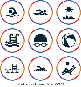 Pool icons set. set of 9 pool filled icons such as beach ball, swimming, swimmer, man laying in sun