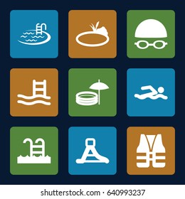 Pool icons set. set of 9 pool filled icons such as waterslide, pond, swimming hat and glasses, life vest
