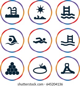 Pool icons set. set of 9 pool filled icons such as waterslide, pond, swimming, man laying in sun