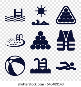 Pool icons set. set of 9 pool filled icons such as beach ball, billiards, man laying in sun, life vest, biliard triangle