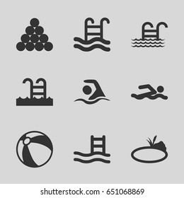 Pool icons set. set of 9 pool filled icons such as beach ball, pond, swimming, biliard triangle