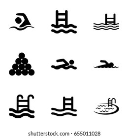 Pool icons set. set of 9 pool filled icons such as swimming, swimmer
