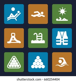 Pool icons set. set of 9 pool filled icons such as billiards, waterslide, swimming pool, swimming, man laying in sun, man laying in the sun, life vest, biliard triangle