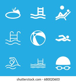 Pool icons set. set of 9 pool filled and outline icons such as beach ball, pond, swimming hat and glasses