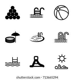 Pool icons set. set of 9 pool filled and outline icons such as waterslide, beach ball, man laying in sun