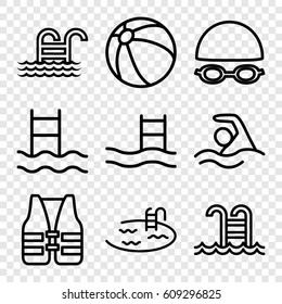 Pool icons set. set of 9 pool outline icons such as beach ball, life vest