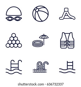 Pool icons set. set of 9 pool outline icons such as beach ball, waterslide, life vest, swimming hat and glasses