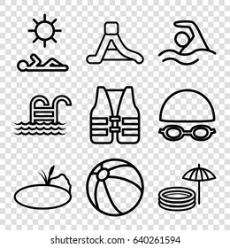 Pool icons set. set of 9 pool outline icons such as beach ball, waterslide, pond, man laying in sun, life vest, swimming
