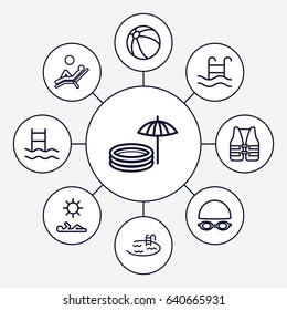 Pool icons set. set of 9 pool outline icons such as beach ball, man laying in sun, man laying in the sun, life vest, swimming hat and glasses