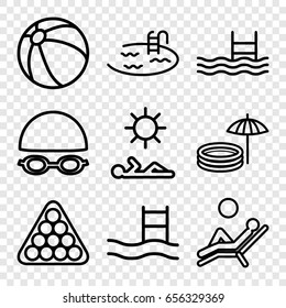 Pool icons set. set of 9 pool outline icons such as beach ball, billiards, man laying in sun, man laying in the sun