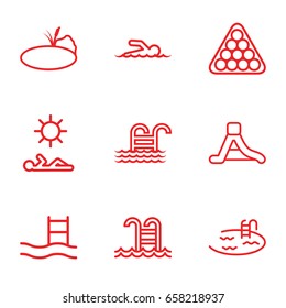 Pool icons set. set of 9 pool outline icons such as billiards, waterslide, pond, swimmer