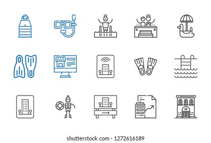 pool icons set. Collection of pool with hotel, real estate, lifeguard, swimming pool, flippers, pedal boat, jacuzzi, dive, sauna. Editable and scalable pool icons.