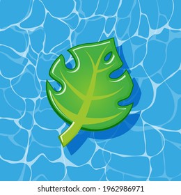 Pool infantable green palm tree leaf mattress place on water texture. Summer beach element vector illustration in a cartoon flat style isolated on white background.