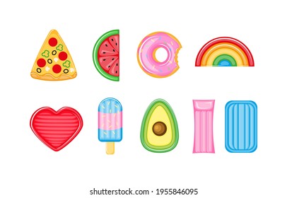 Juego de colchones infantables para la piscina. Elementos de playa de verano. Pizza, donut, sandía, aguacate, ilustración del vector del corazón en una caricatura de estilo plano aislado en fondo blanco.